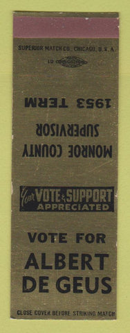 Matchbook Cover - Albert De Geus Monroe County Supervisor Election 1953 SAMPLE