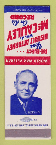Matchbook Cover William McCauley District Attorney Election Milwaukee WI SAMPLE
