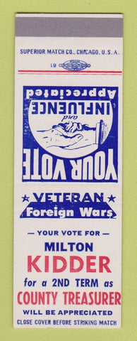 Matchbook Cover - Milton Kidder County Treasurer Election SAMPLE