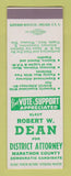 Matchbook Cover Robert Dean District Attorney Election Marathon Wausau WI SAMPLE