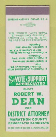 Matchbook Cover Robert Dean District Attorney Election Marathon Wausau WI SAMPLE