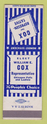 Matchbook Cover - William Cox Rep Election Chicopee Falls Ludlow MA SAMPLE