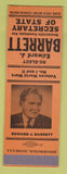 Matchbook Cover - Edward Barrett for Secretary of State Election CREASE SAMPLE