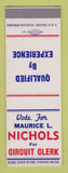 Matchbook Cover - Maurice L Nichols Circuit Clerk Election SAMPLE