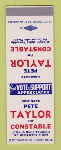 Matchbook Cover - Pete Taylor Constable South Butte Township SAMPLE