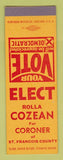 Matchbook Cover - Rolla Cozean Coroner St Francois County SAMPLE