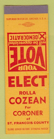 Matchbook Cover - Rolla Cozean Coroner St Francois County SAMPLE