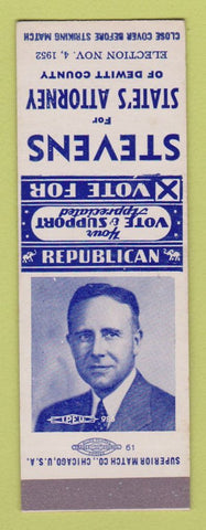 Matchbook Cover - Stevens for State's Attorney Dewitt County 1952 SAMPLE