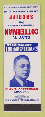 Matchbook Cover - Clay T Cotterman Sheriff Election Lima OH 1952 SAMPLE