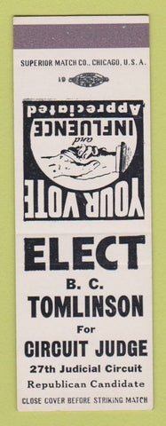 Matchbook Cover - BC Tomlinson Circuit Judge Election SAMPLE