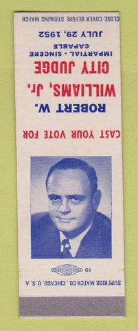Matchbook Cover - Robert WIlliams City Judge Election 1952 LA Louisiana SAMPLE