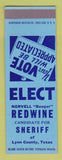 Matchbook Cover - Norvell Booger Redwine Sheriff Election Lynn County TX SAMPLE