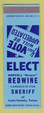 Matchbook Cover - Norvell Booger Redwine Sheriff Election Lynn County TX SAMPLE