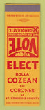 Matchbook Cover - Rolla Cozean for Coroner St Francois County SAMPLE