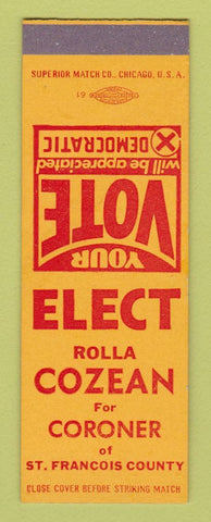 Matchbook Cover - Rolla Cozean for Coroner St Francois County SAMPLE