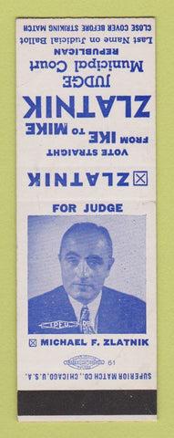 Matchbook Cover - Mike Zlatnik Judge Election WORN SAMPLE