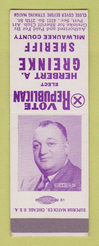 Matchbook Cover - Herbert Greinke Sheriff Milwaukee County SAMPLE