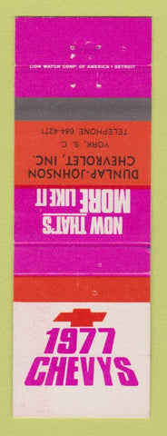 Matchbook Cover - 1977 Chevrolet Dunlap Johnson York SC
