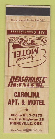 Matchbook Cover - Carolina Apartments Motel Prineville OR