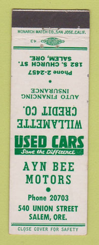 Matchbook Cover - Ayn Bee Motors Salem OR Willamette Credit