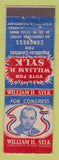 Matchbook Cover - William H Sylk Congress Election WEAR