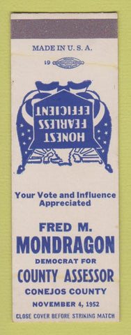 Matchbook Cover - Fred M Mondragon County Assessor Conejoes Colorado SAMPLE
