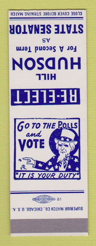 Matchbook Cover - Hill Hudson State Senator Election Uncle Sam SAMPLE