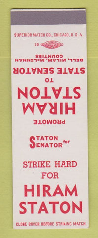 Matchbook Cover - Hiram Straton State Senator Bell Milam McLennan TX SAMPLE