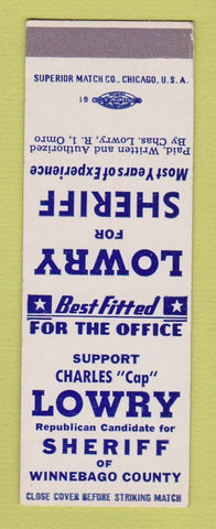Matchbook Cover - Charles Lowry Sheriff Winnebago County SAMPLE