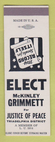 Matchbook Cover - McKinley Grimmett Justice of the Peace Triadelphia SAMPLE