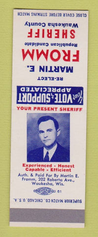 Matchbook Cover - Martin Fromm Sheriff Waukesha County WI  SAMPLE