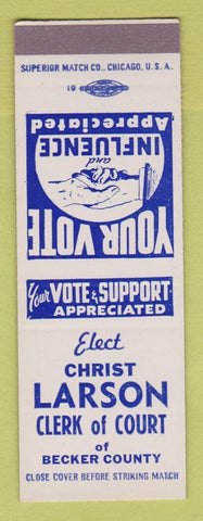 Matchbook Cover - Christ Larson Clerk of Court Becker County SAMPLE