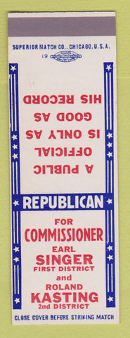 Matchbook Cover - Earl Singer Roland Kasting Commissioner Election SAMPLE