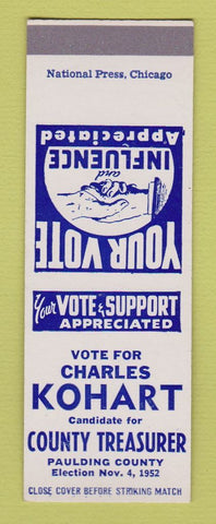 Matchbook Cover - Charles Kohart County Treasurer Paulding 1952 SAMPLE