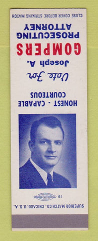 Matchbook Cover - Joseph Gompers Prosecuting Attorney Election SAMPLE