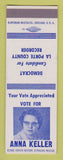 Matchbook Cover - Anna Keller Recorder Election La Porte County SAMPLE