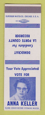 Matchbook Cover - Anna Keller Recorder Election La Porte County SAMPLE