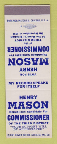 Matchbook Cover - Henry Mason Commissioner Election 1952 SAMPLE