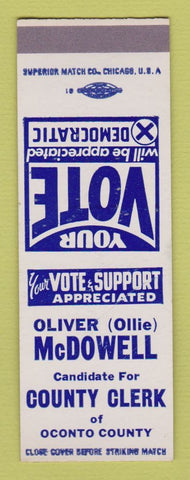 Matchbook Cover - Oliver McDowell County Clerk Oconto SAMPLE
