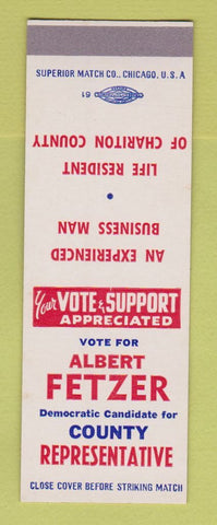 Matchbook Cover - Albert Fetzer County Rep Election Chariton SAMPLE