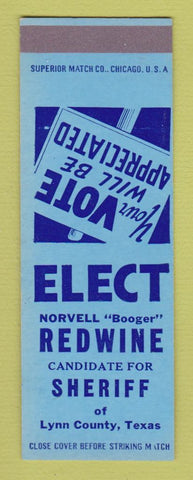 Matchbook Cover - Norvell Redwine Sheriff Election Lynn County TX SAMPLE