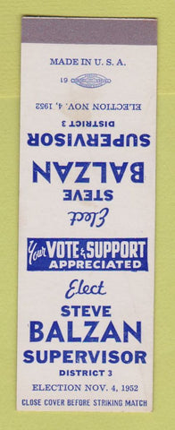 Matchbook Cover - Steve Balzan Supervisor Election 1952 WEAR SAMPLE