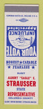 Matchbook Cover - Albert Strausser Rep Election Columbia County SAMPLE