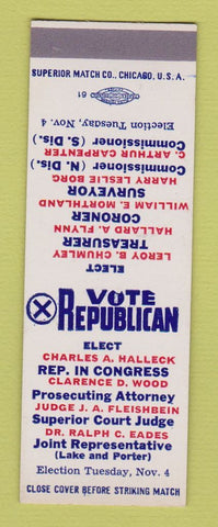 Matchbook Cover - Election Charles Halleck Congress Clarence Wood SAMPLE