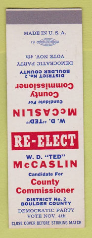 Matchbook Cover - WD Ted McCaslin Commissioner Boulder County Colorado SAMPLE