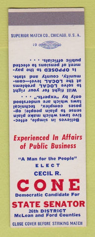 Matchbook Cover - Cecil Cone State Senator Election McLean Ford County SAMPLE