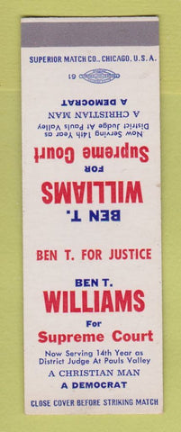 Matchbook Cover - Ben T Williams Supreme Court Election SAMPLE