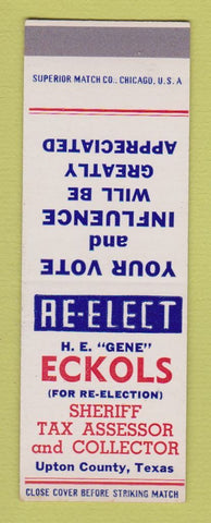Matchbook Cover - HE Gene Eckols Sheriff Election Upton County TX SAMPLE
