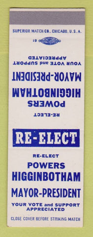 Matchbook Cover - Powers Higginbotham Mayor President Election SAMPLE