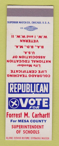 Matchbook Cover - Forest Carhartt Mesa County Colorado Superintendent  SAMPLE